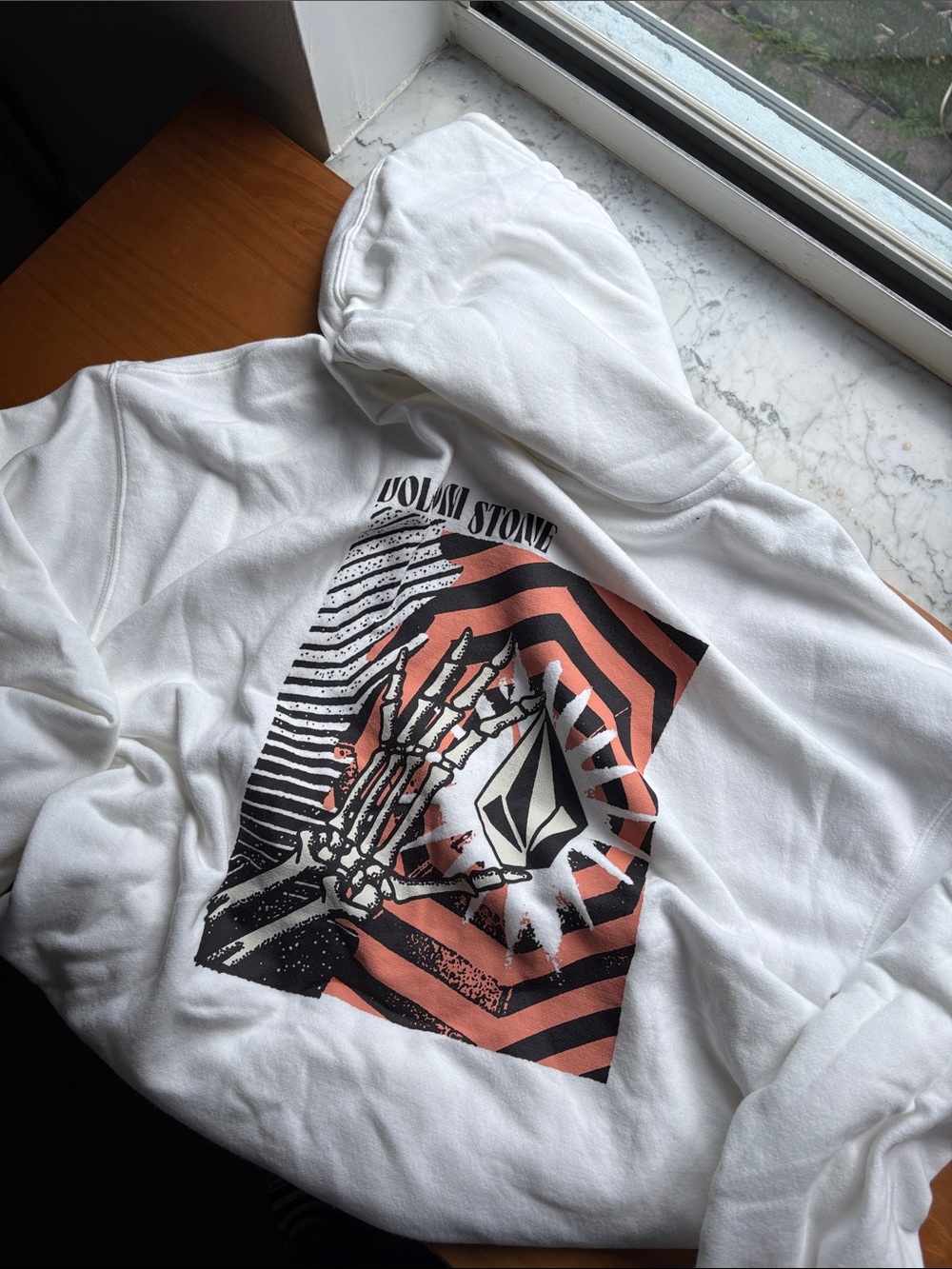 Volcom White Hoodie with Black and pink Graphic Skeleton